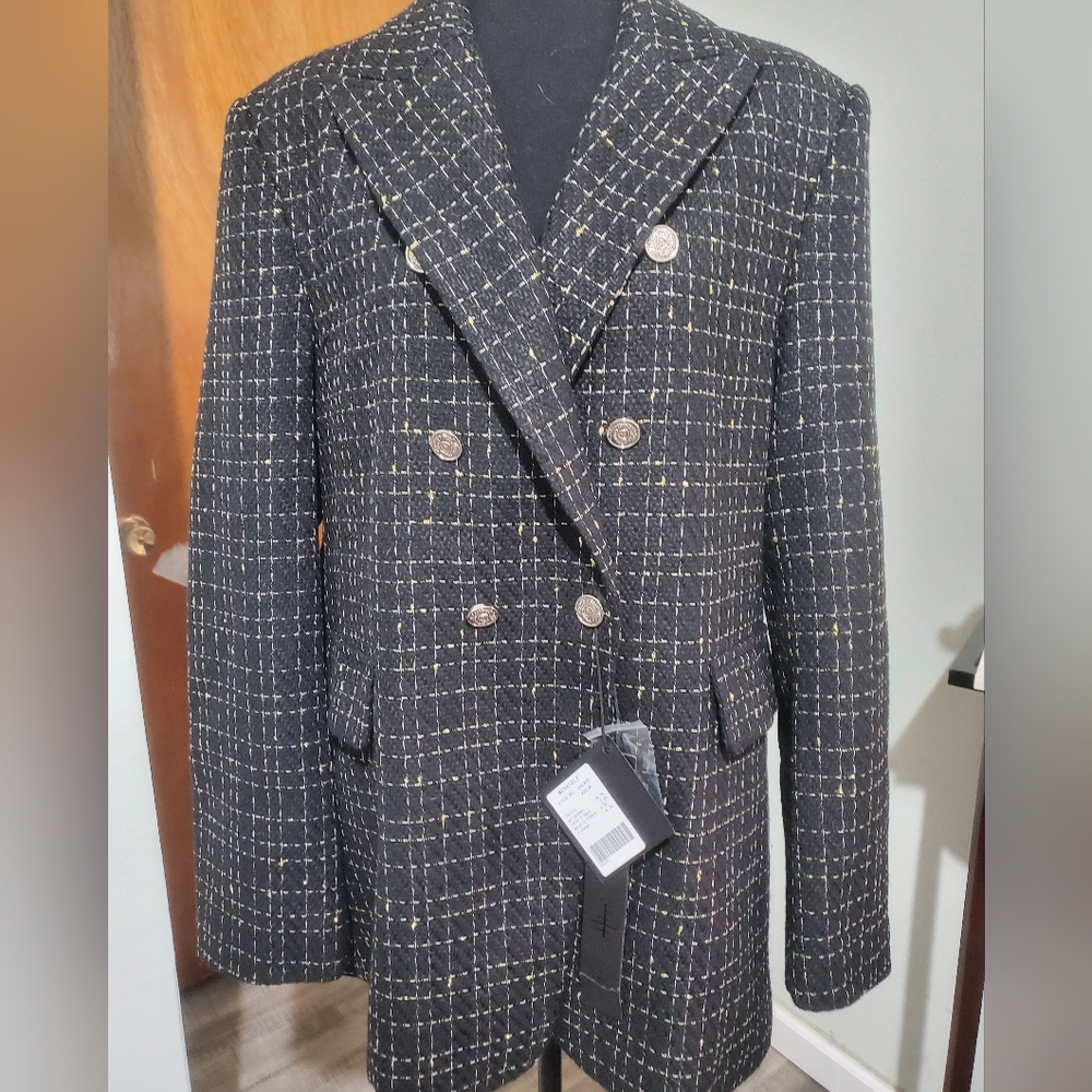 Mina Self Tweed Blazer XL NWT Black Gold Double Breasted Jacket